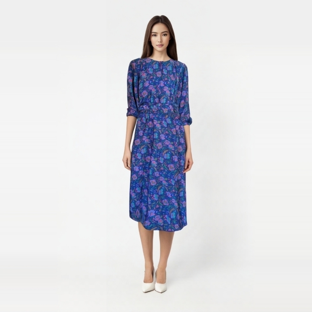 Vintage 80's JB TOO Electric Blue Floral Midi Day Dress